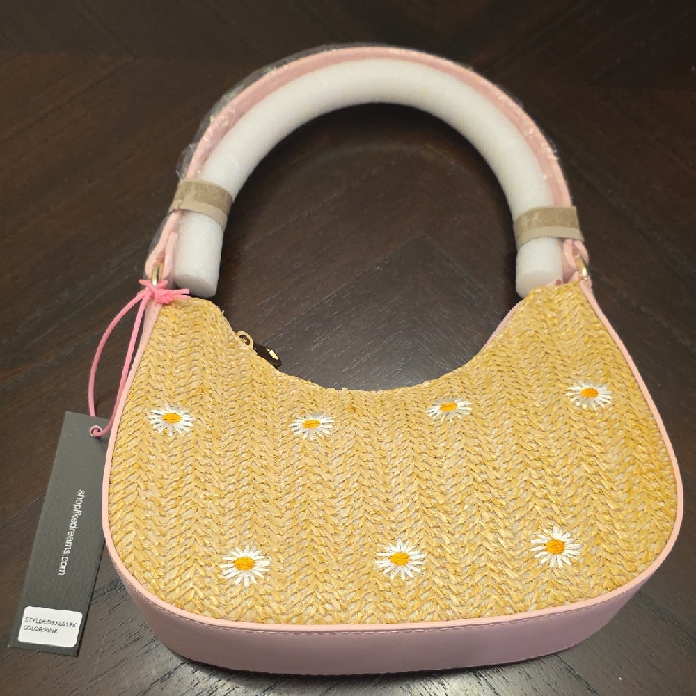 Pink and Yellow Floral Women's Small Straw Bag